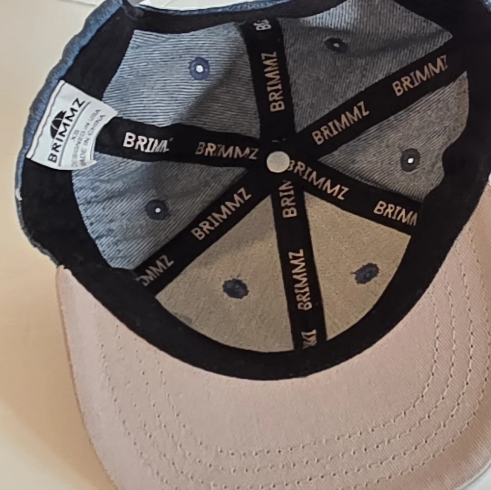 Brimmz Trucker Hat snap back Denim Chambray black Blue White Stripe XS